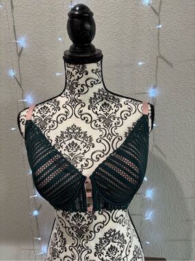 Victoria Secret Lace Plunge Bra Forest Green with Rose Gold Accents 38D